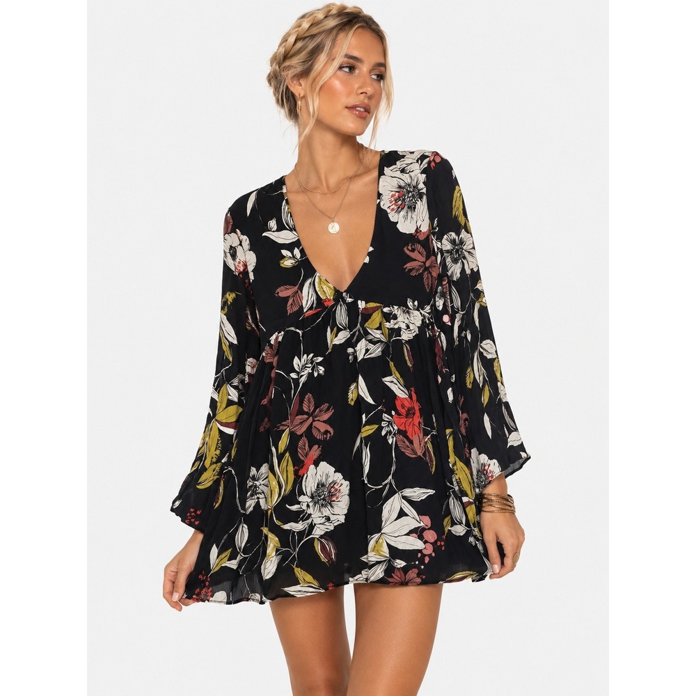 Free People Floral V-Neck Bell Sleeve Peplum Tunic Top Dress Black XS